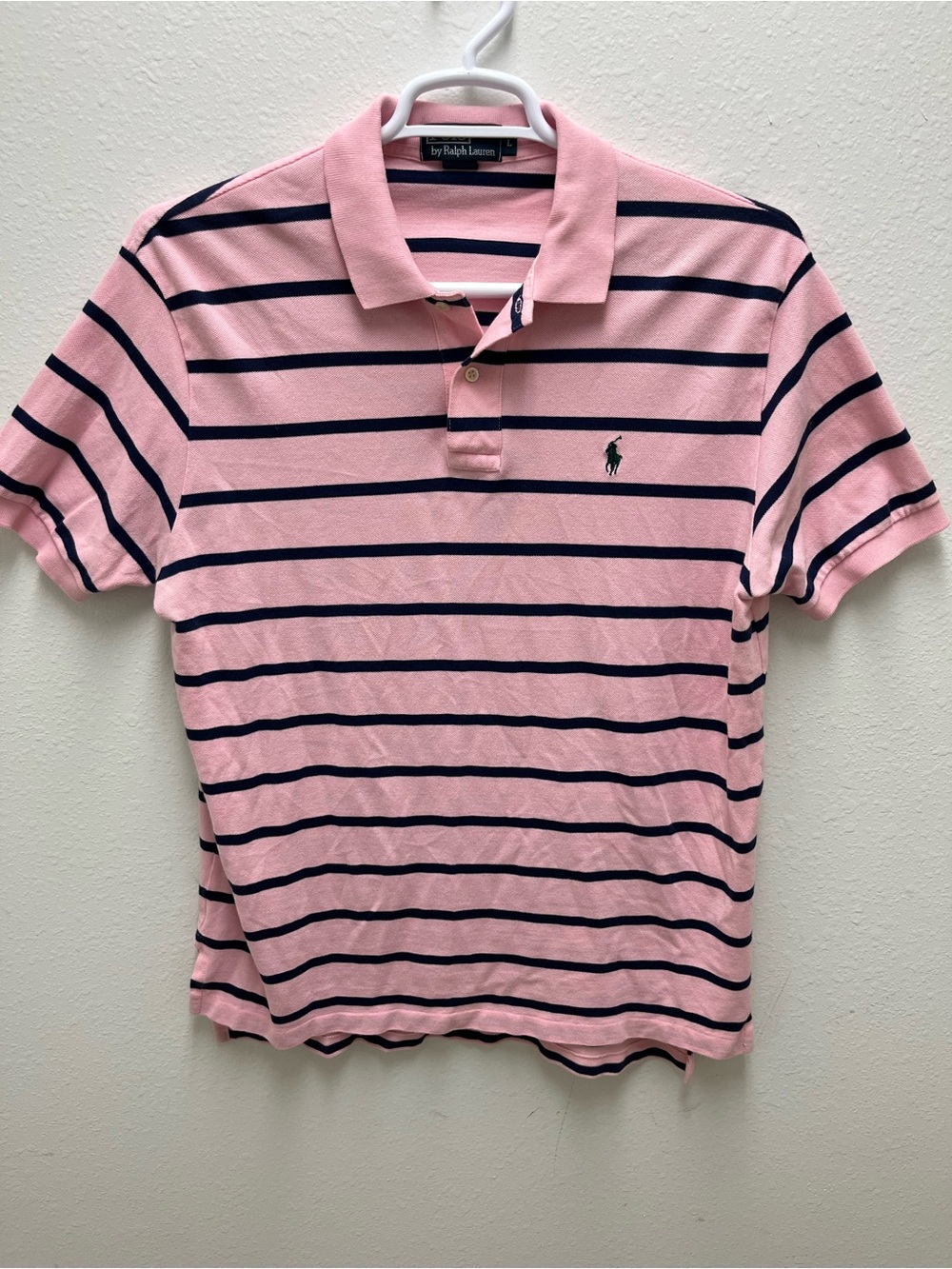 Polo Ralph Lauren Pink Navy Striped Men's Polo Shirt L Short Sleeve Cotton Logo